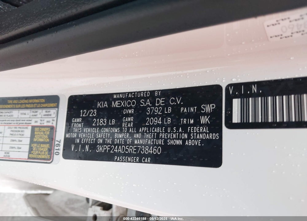 2024 KIA FORTE VIN: 3KPF24AD5RE738460