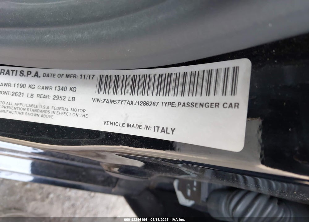 2018 MASERATI GHIBLI VIN: ZAM57YTAXJ1286287