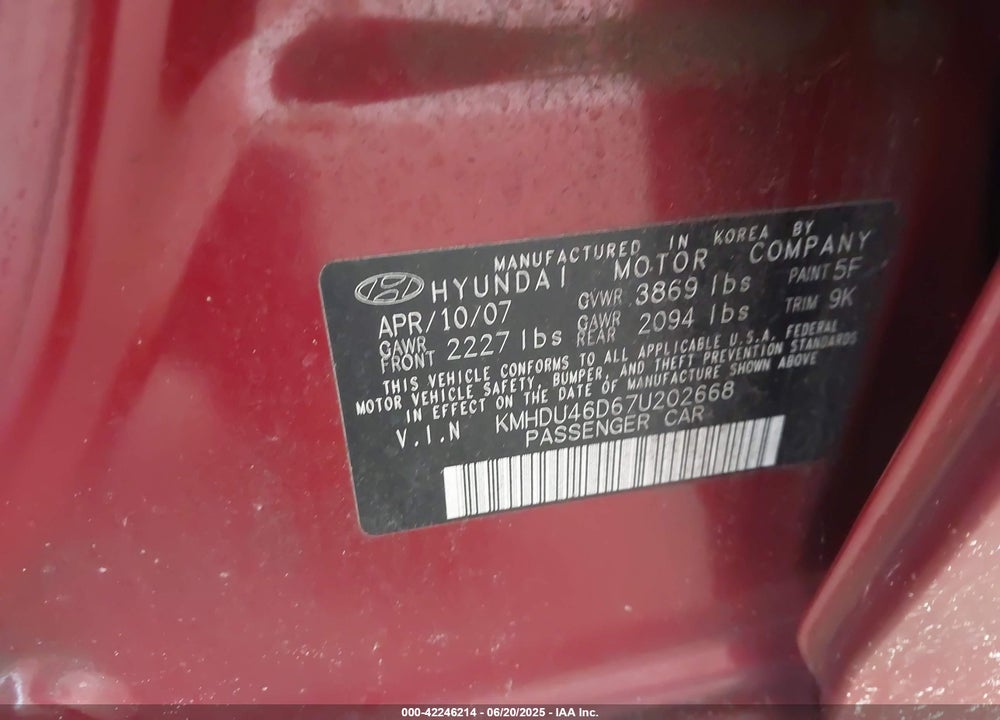 2007 HYUNDAI ELANTRA GLS/LIMITED/SE VIN: KMHDU46D67U202668
