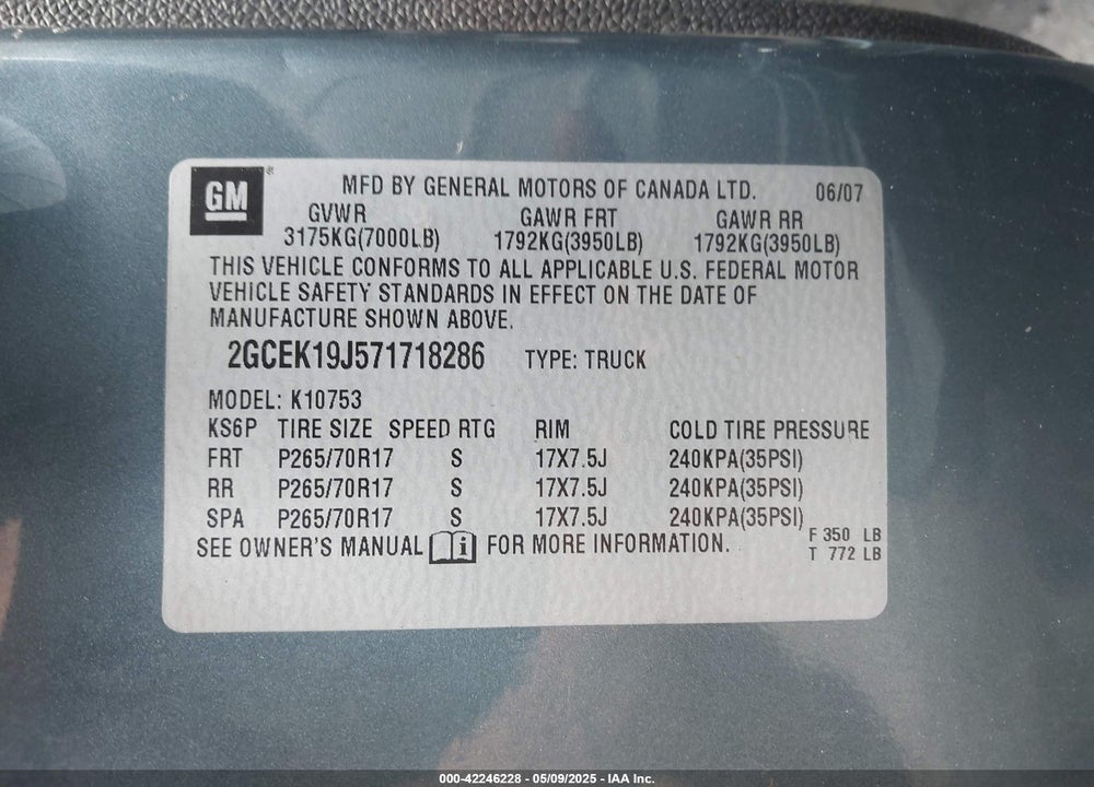 2007 CHEVROLET SILVERADO 1500 VIN: 2GCEK19J571718286