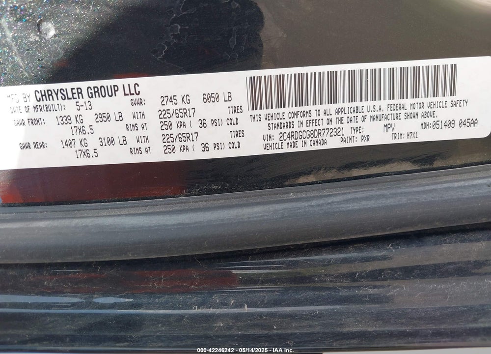 2013 DODGE GRAND CARAVAN SXT VIN: 2C4RDGCG8DR772321