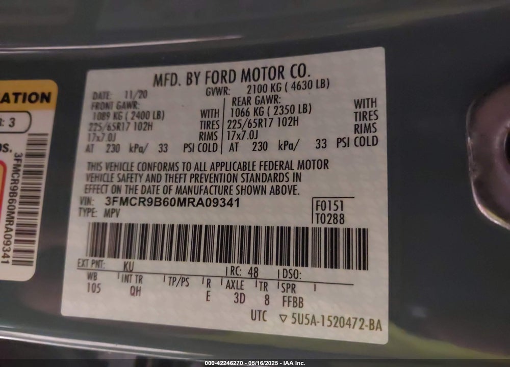 2021 FORD BRONCO SPORT BIG BEND VIN: 3FMCR9B60MRA09341