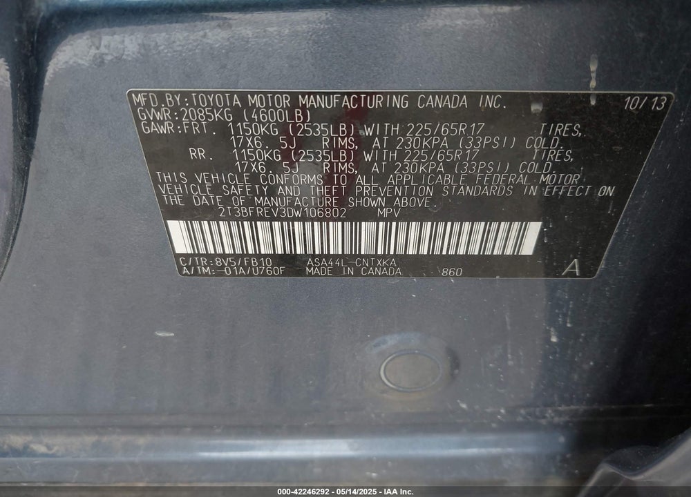 2013 TOYOTA RAV4 VIN: 2T3BFREV3DW106802