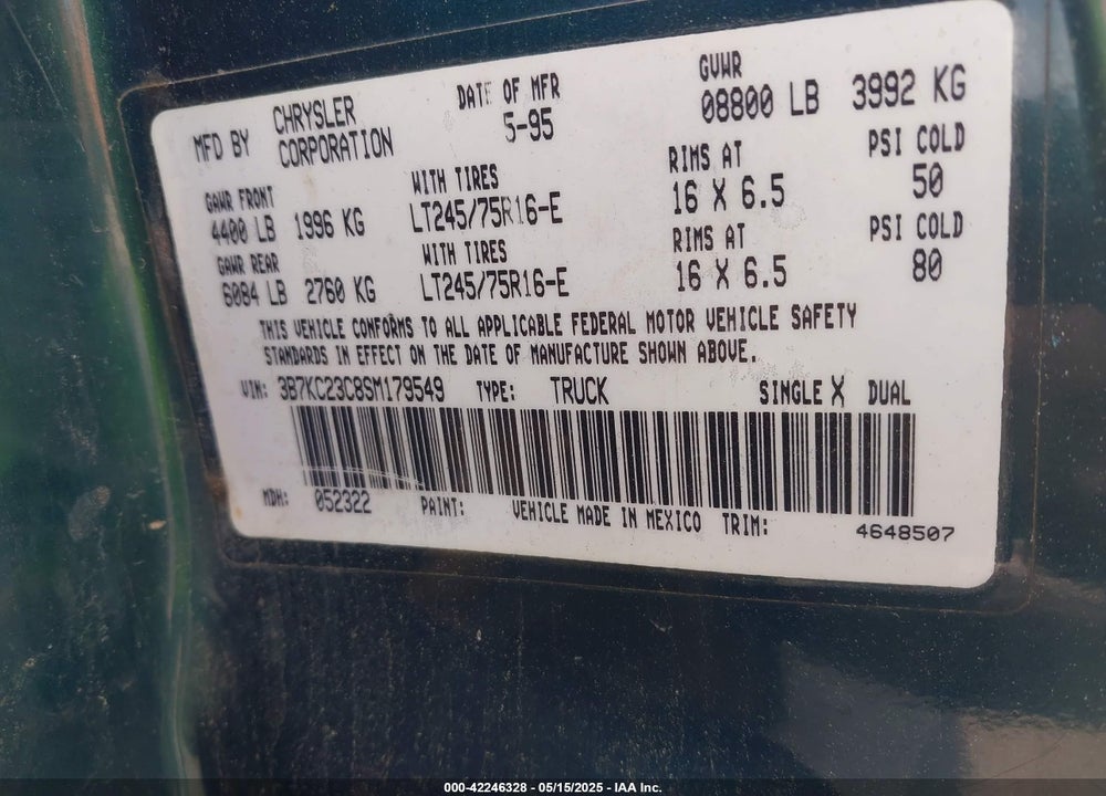 1995 DODGE RAM 2500 VIN: 3B7KC23C8SM179549