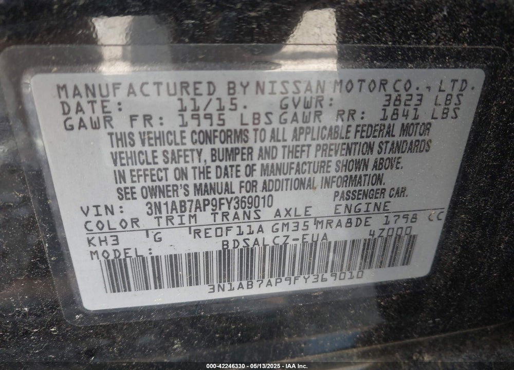 2015 NISSAN SENTRA VIN: 3N1AB7AP9FY369010