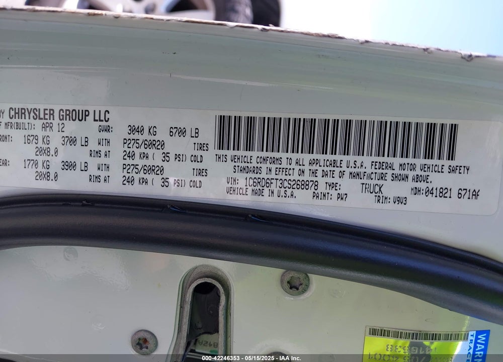 2012 RAM 1500 ST VIN: 1C6RD6FT3CS268878