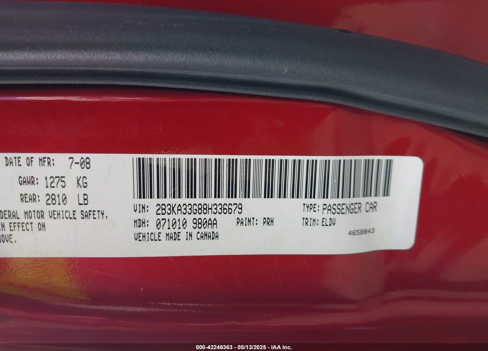 2008 DODGE CHARGER VIN: 2B3KA33G88H336679