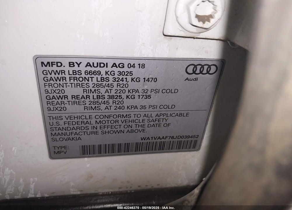 2018 AUDI Q7 3.0T PREMIUM VIN: WA1VAAF76JD039452