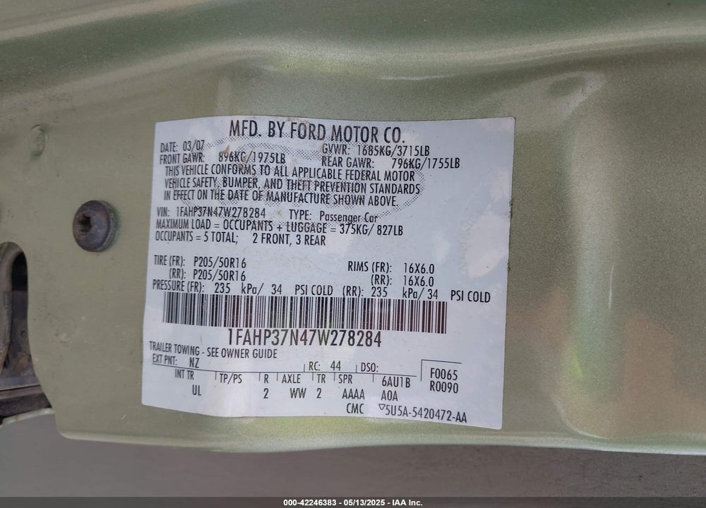 2007 FORD FOCUS S/SE/SES VIN: 1FAHP37N47W278284