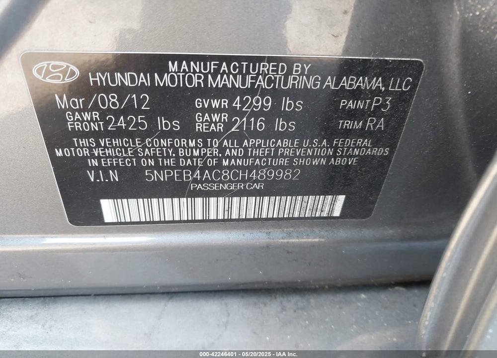 2012 HYUNDAI SONATA VIN: 5NPEB4AC8CH489982