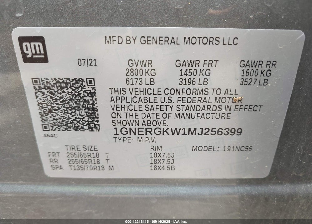 2021 CHEVROLET TRAVERSE FWD LT CLOTH VIN: 1GNERGKW1MJ256399