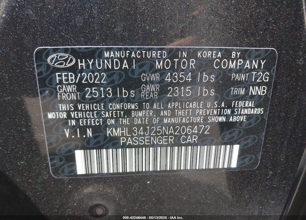 2022 HYUNDAI SONATA VIN: KMHL34J25NA206472