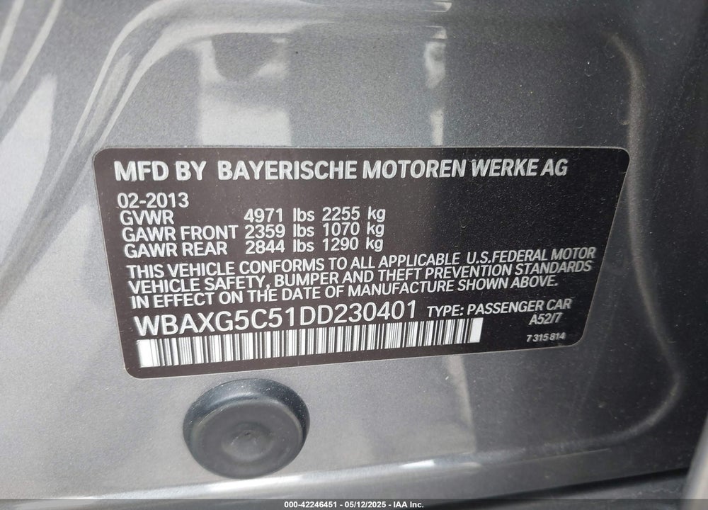 2013 BMW 528I VIN: WBAXG5C51DD230401