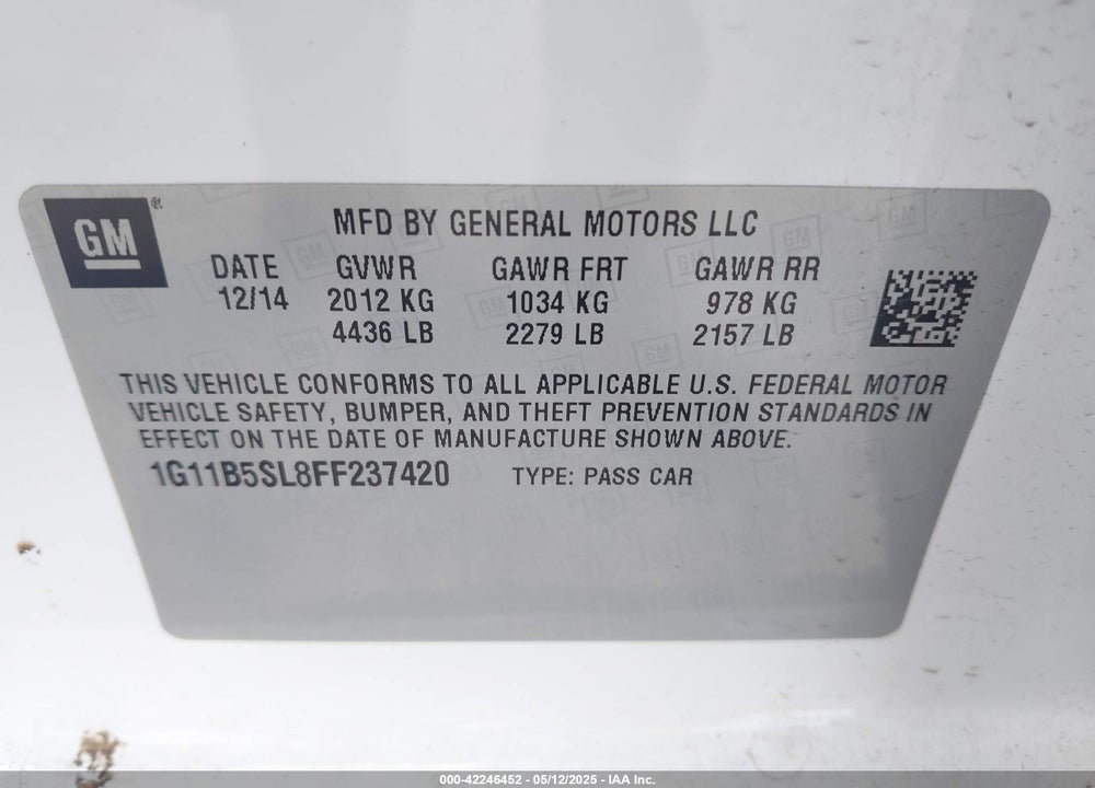 2015 CHEVROLET MALIBU LS VIN: 1G11B5SL8FF237420