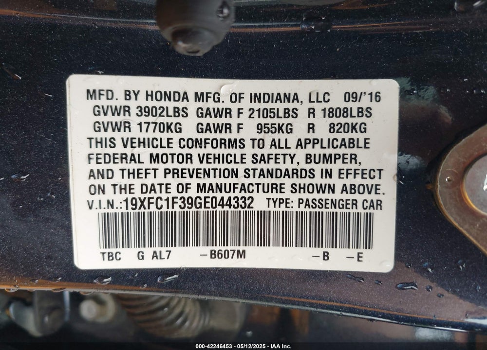 2016 HONDA CIVIC EX-T VIN: 19XFC1F39GE044332