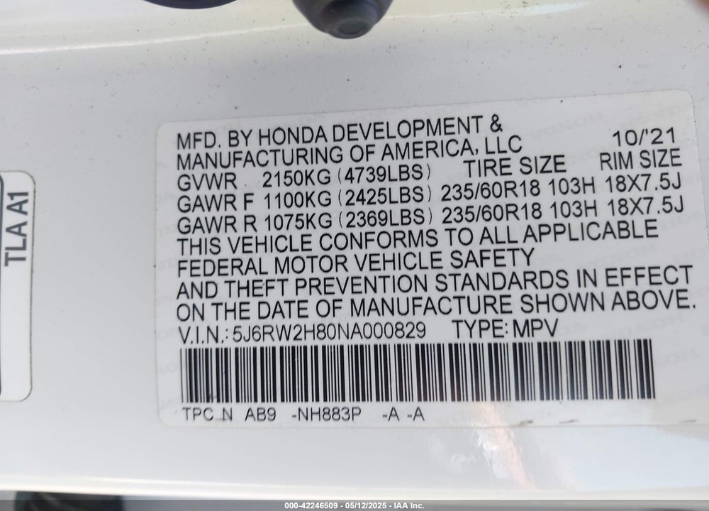 2022 HONDA CR-V VIN: 5J6RW2H80NA000829