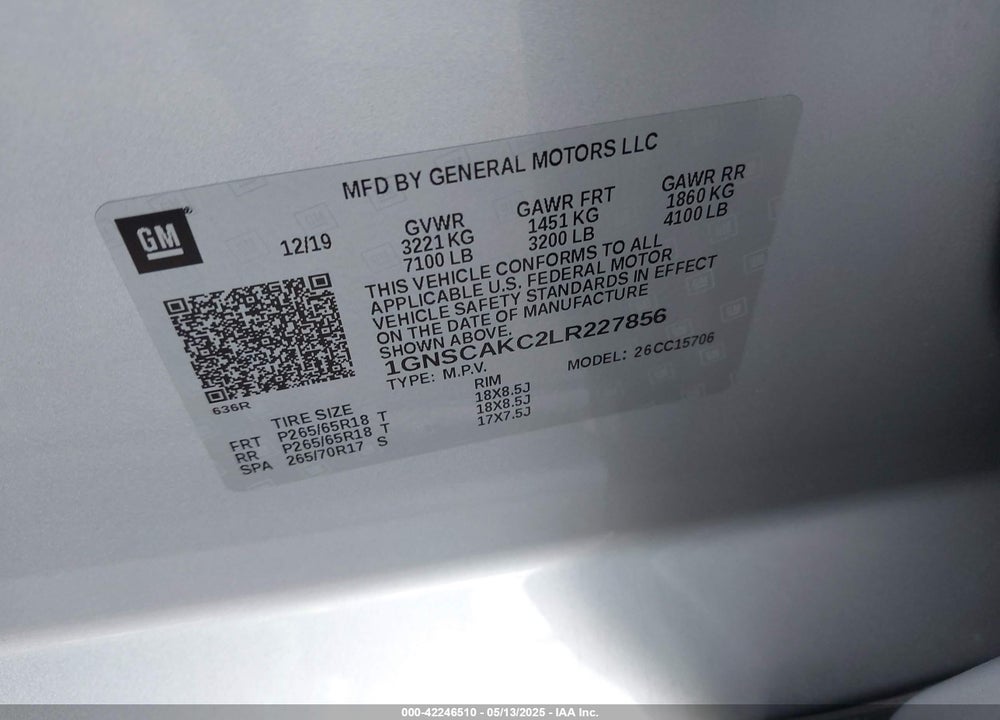 2020 CHEVROLET TAHOE 2WD LS VIN: 1GNSCAKC2LR227856