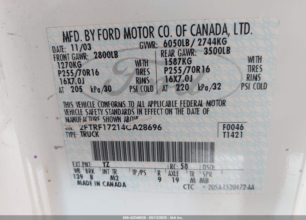 2004 FORD F-150 HERITAGE XL/XLT VIN: 2FTRF17214CA28696