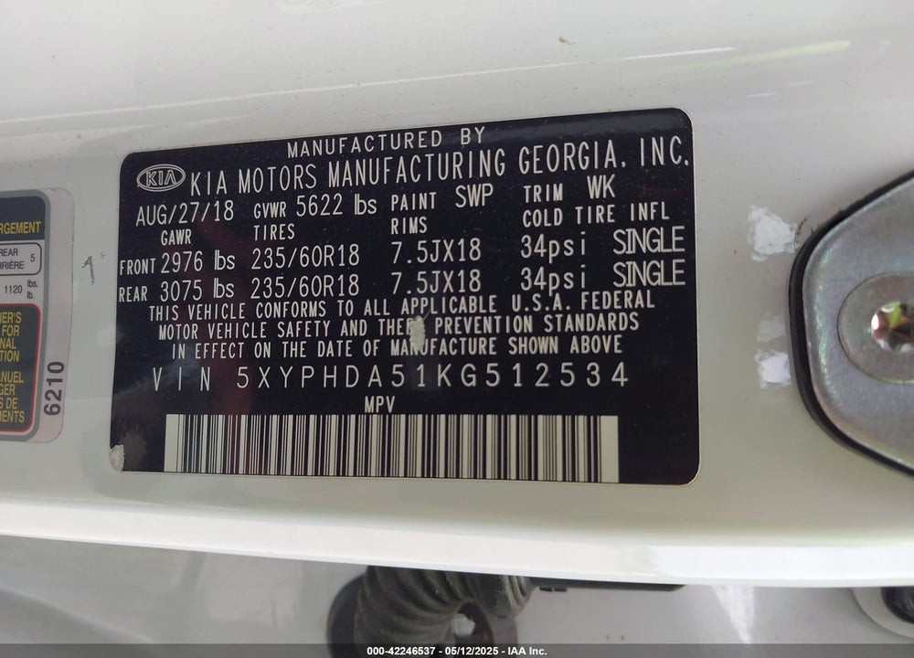2019 KIA SORENTO VIN: 5XYPHDA51KG512534