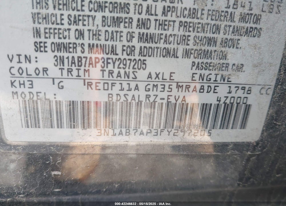 2015 NISSAN SENTRA SR VIN: 3N1AB7AP3FY297205