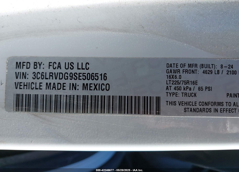 2025 RAM PROMASTER 2500 TRADESMAN HIGH ROOF 159 WB W/PASS SEAT VIN: 3C6LRVDG9SE506516