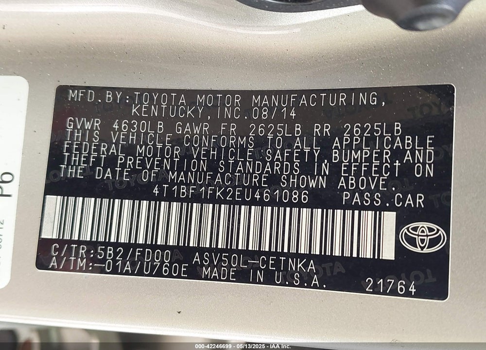 2014 TOYOTA CAMRY VIN: 4T1BF1FK2EU461086