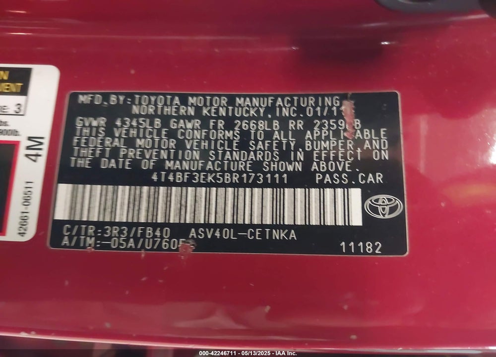 2011 TOYOTA CAMRY LE VIN: 4T4BF3EK5BR173111