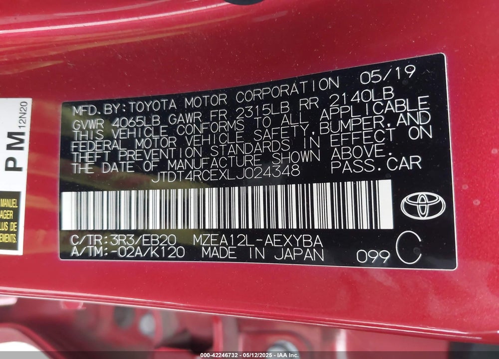 2020 TOYOTA COROLLA XSE VIN: JTDT4RCEXLJ024348