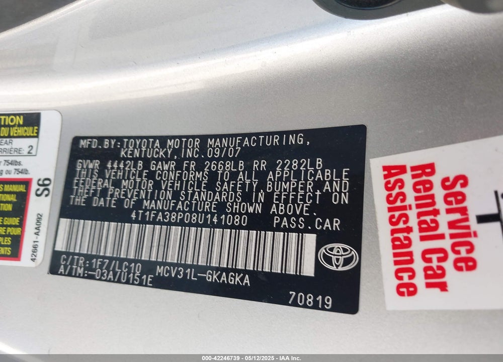 2008 TOYOTA CAMRY SOLARA VIN: 4T1FA38P08U141080
