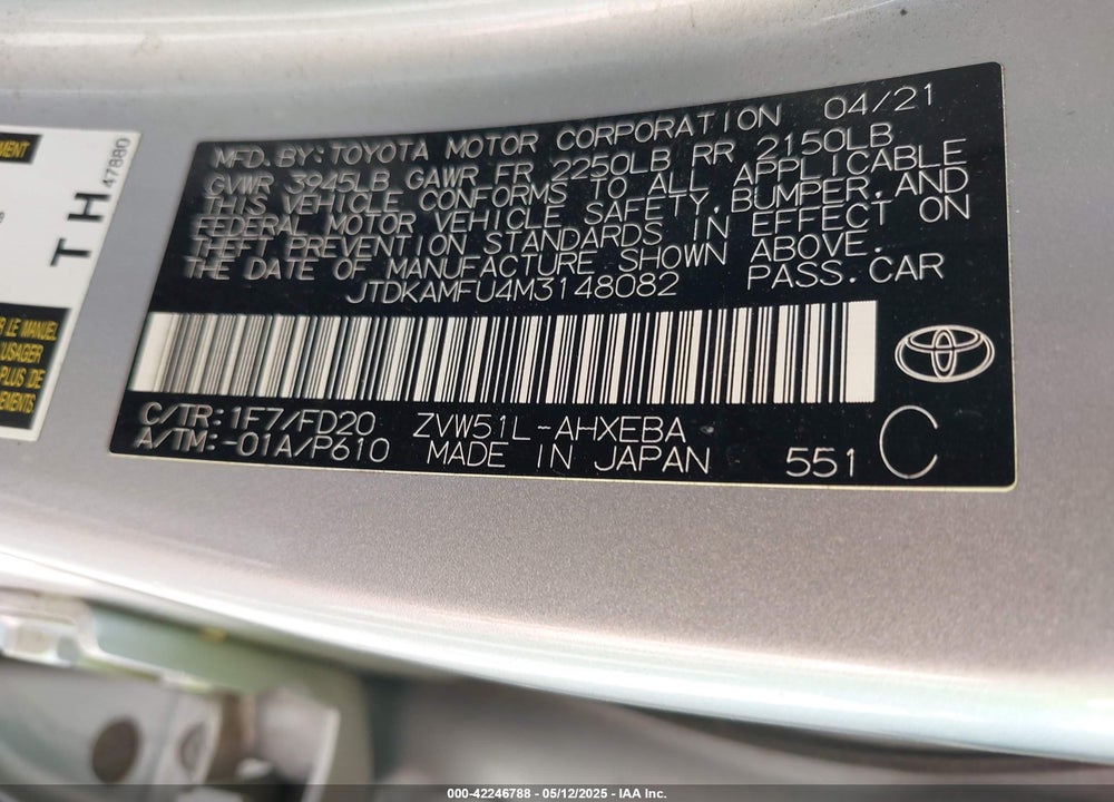 2021 TOYOTA PRIUS LE VIN: JTDKAMFU4M3148082