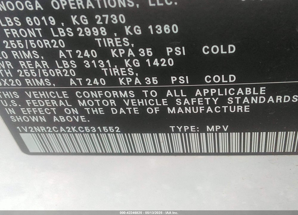 2019 VOLKSWAGEN ATLAS VIN: 1V2NR2CA2KC531552