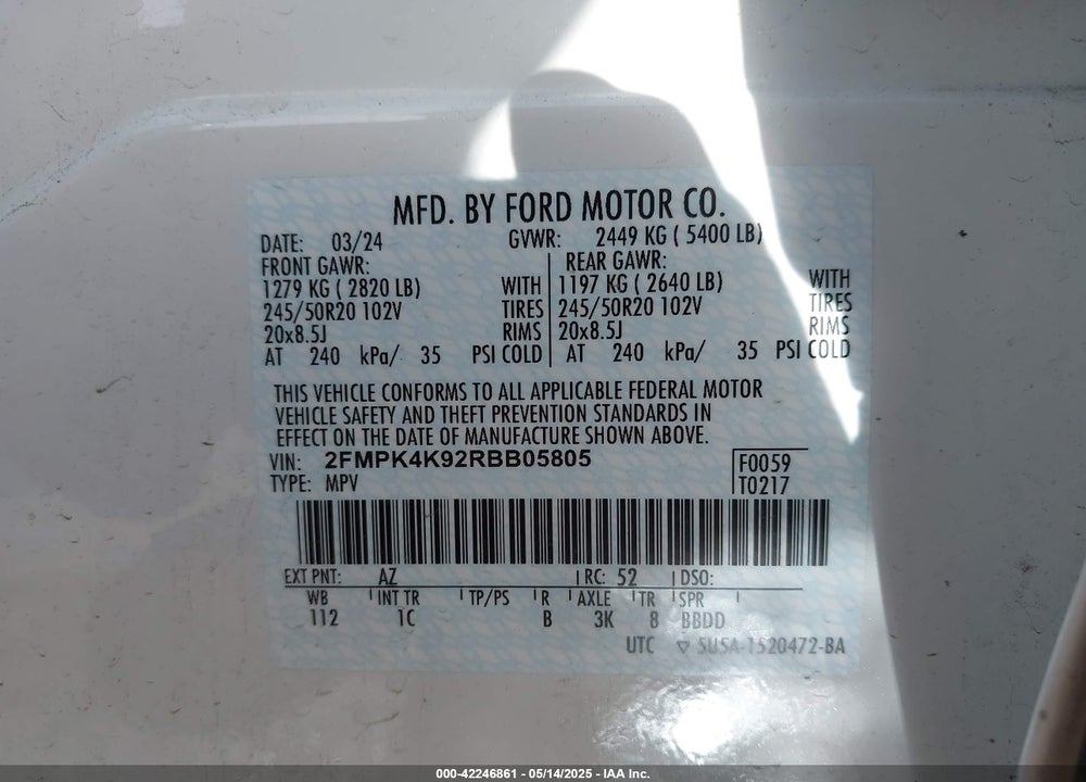 2024 FORD EDGE VIN: 2FMPK4K92RBB05805