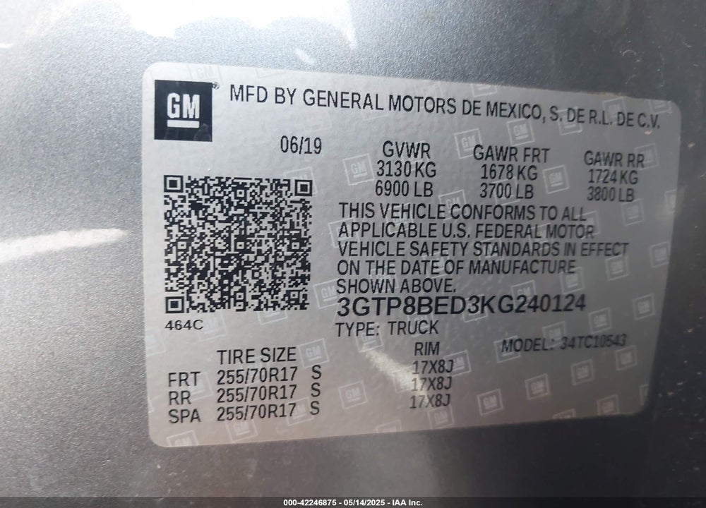 2019 GMC SIERRA 1500 VIN: 3GTP8BED3KG240124