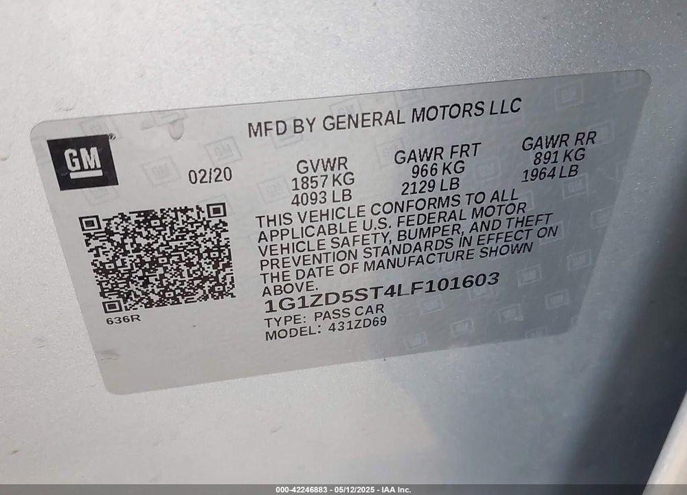 2020 CHEVROLET MALIBU FWD LT VIN: 1G1ZD5ST4LF101603