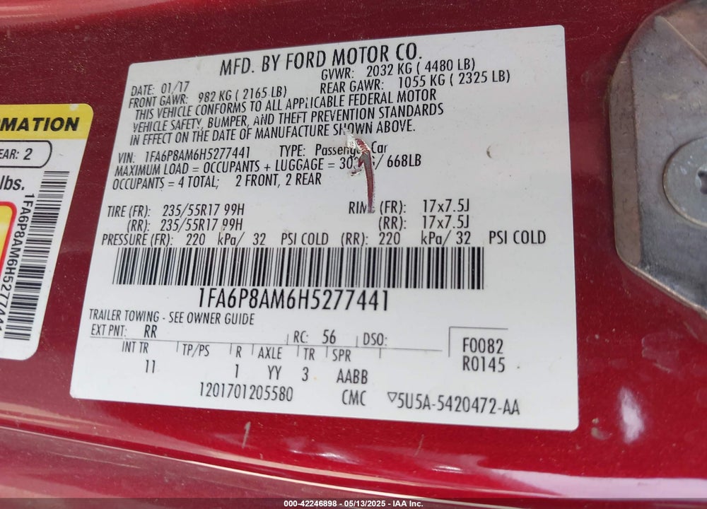 2017 FORD MUSTANG V6 VIN: 1FA6P8AM6H5277441