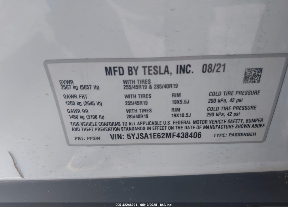 2021 TESLA MODEL S PLAID TRI MOTOR ALL-WHEEL DRIVE VIN: 5YJSA1E62MF438406