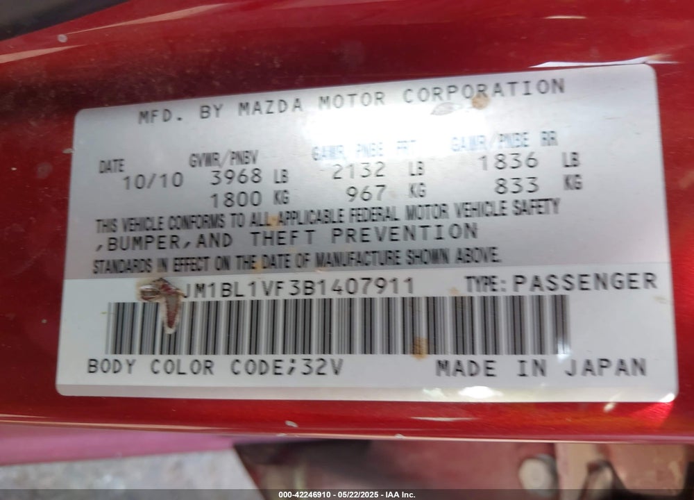 2011 MAZDA 3 I TOURING VIN: JM1BL1VF3B1407911
