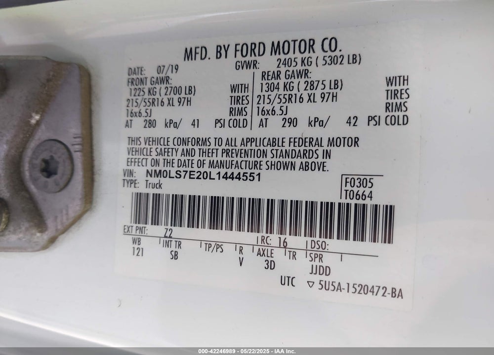 2020 FORD TRANSIT CONNECT XL CARGO VAN VIN: NM0LS7E20L1444551