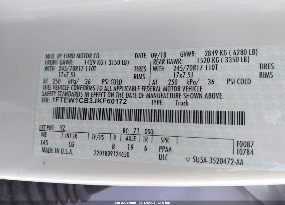 2018 FORD F-150 VIN: 1FTEW1CB3JKF60172