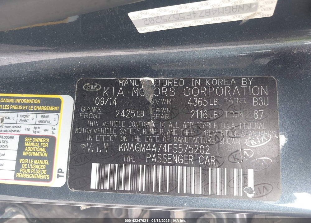 2015 KIA OPTIMA VIN: KNAGM4A74F5575202