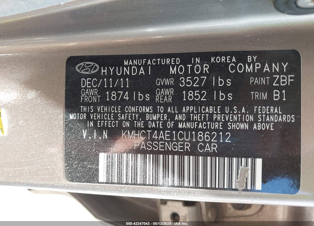 2012 HYUNDAI ACCENT VIN: KMHCT4AE1CU186212