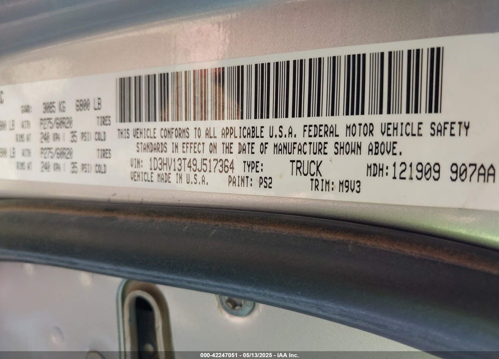 2009 DODGE RAM 1500 SLT/SPORT/TRX VIN: 1D3HV13T49J517364