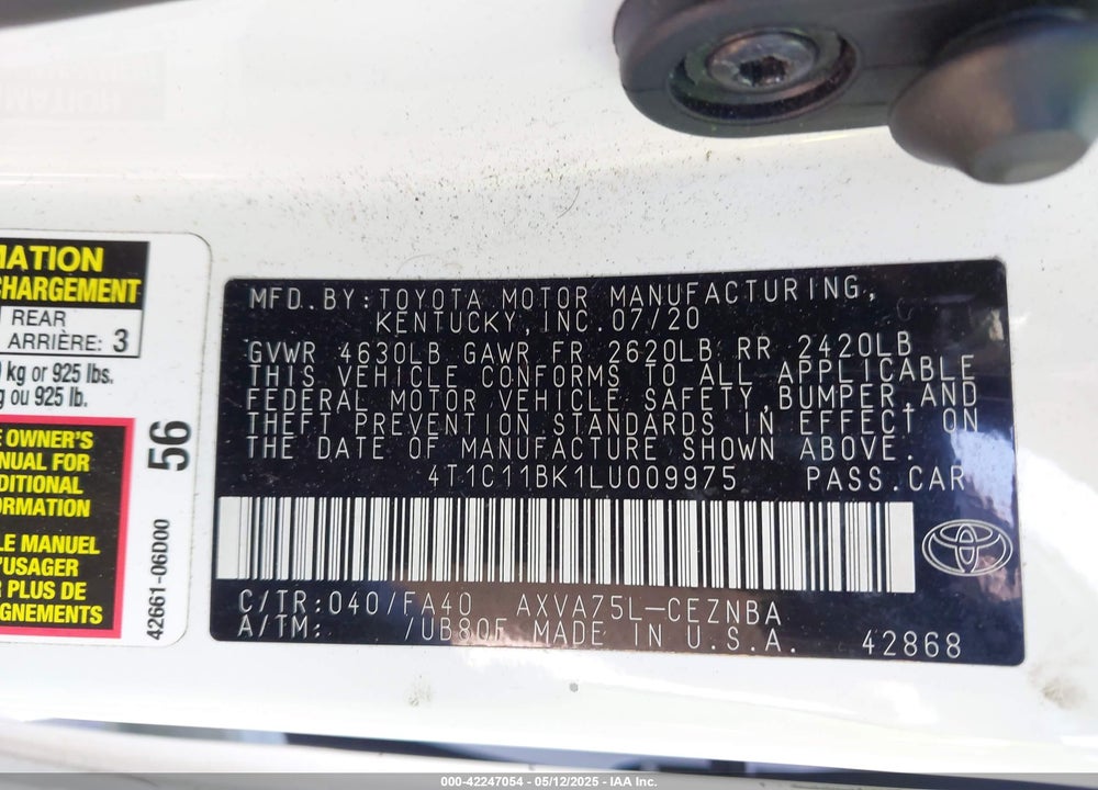 2020 TOYOTA CAMRY VIN: 4T1C11BK1LU009975