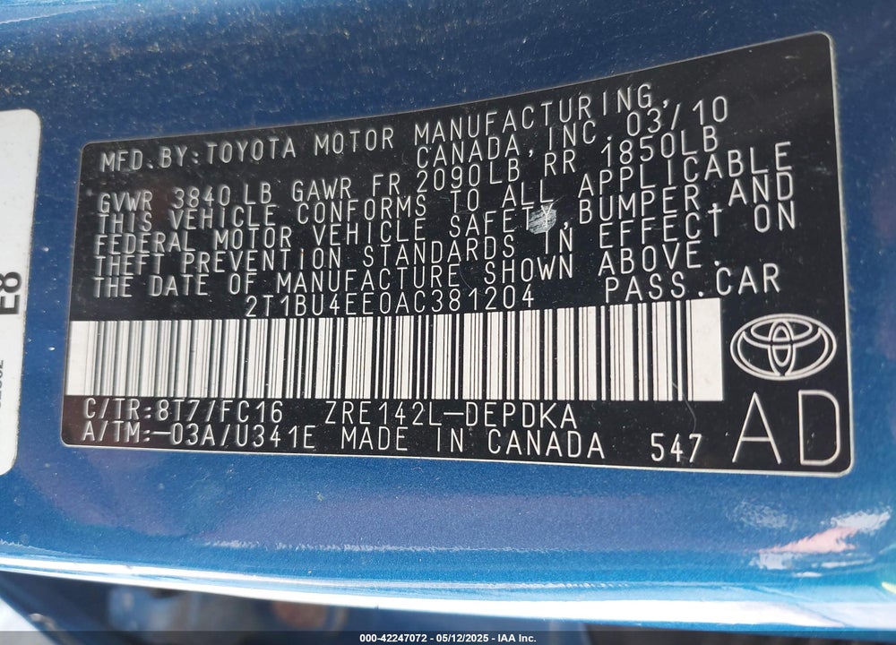 2010 TOYOTA COROLLA LE VIN: 2T1BU4EE0AC381204