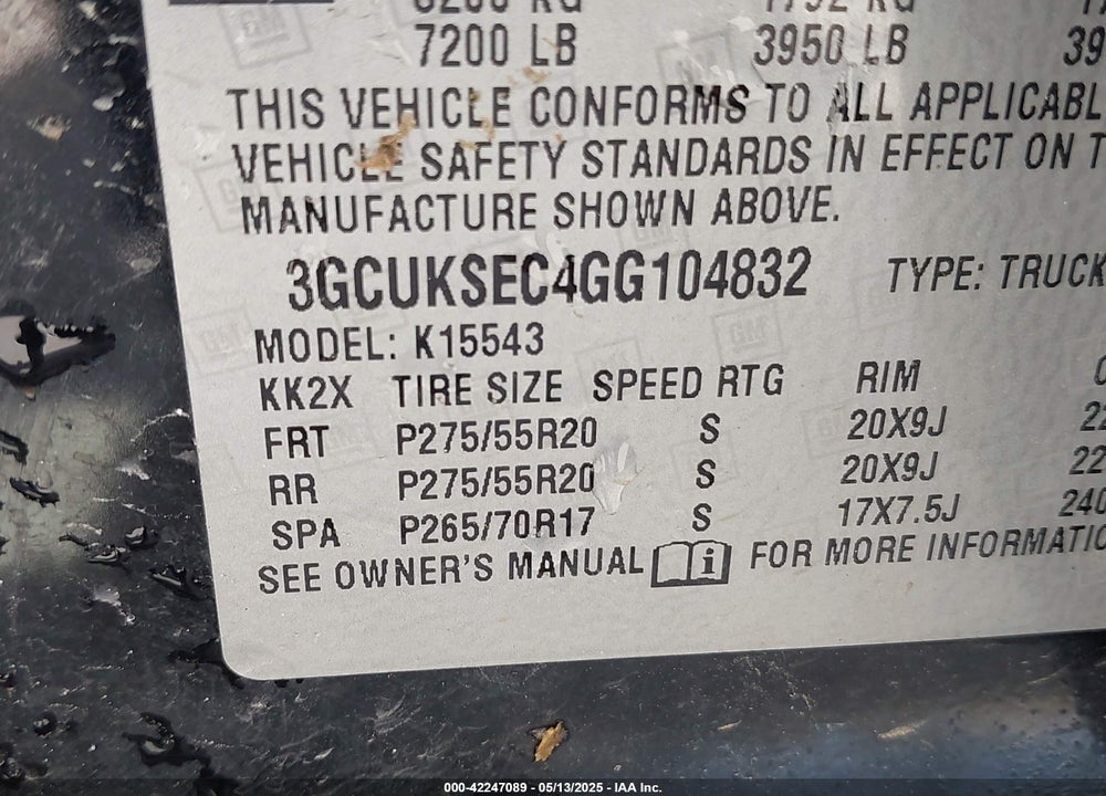 2016 CHEVROLET SILVERADO 1500 VIN: 3GCUKSEC4GG104832