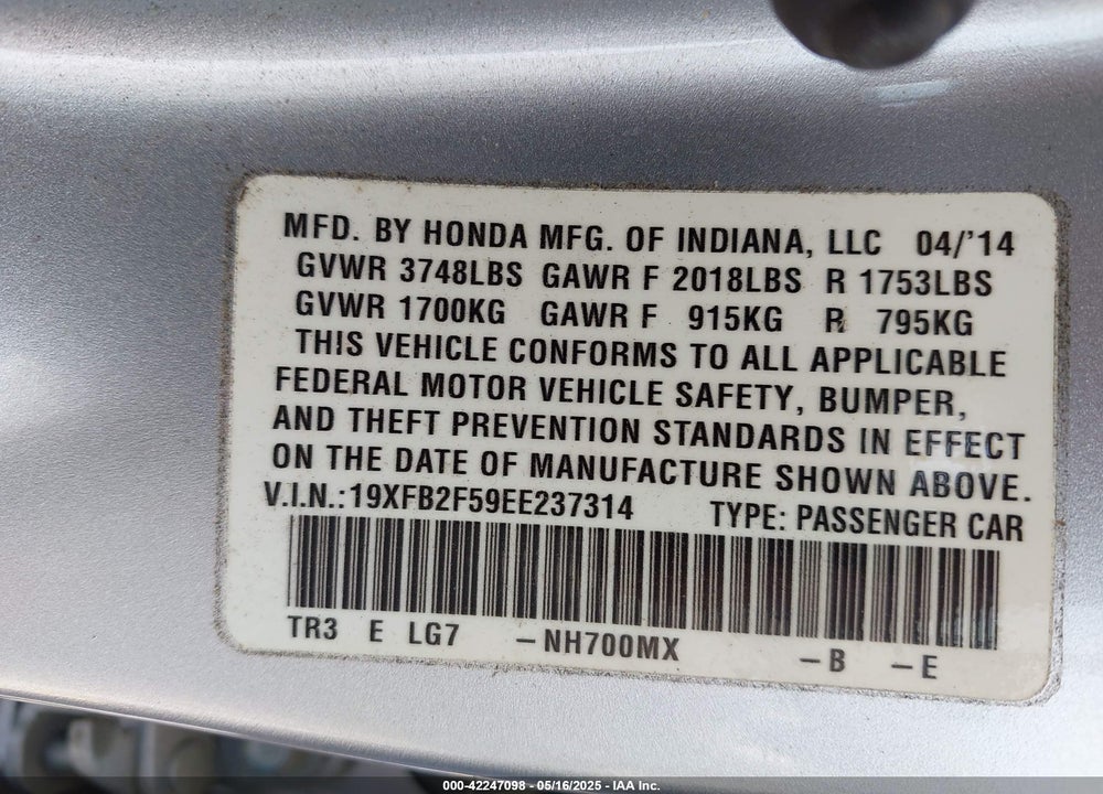 2014 HONDA CIVIC LX VIN: 19XFB2F59EE237314
