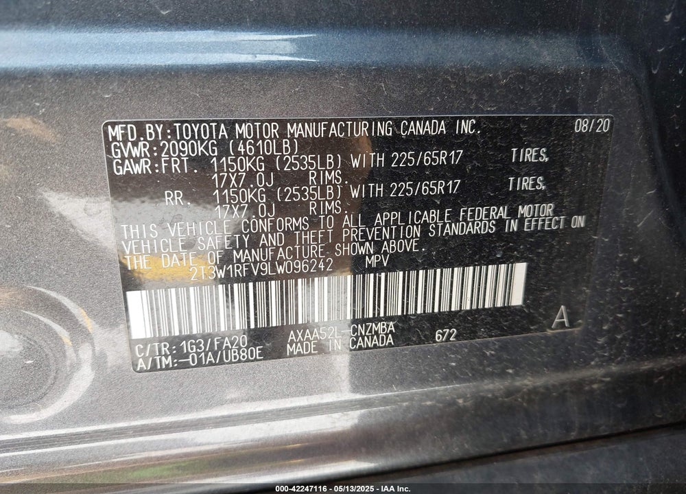 2020 TOYOTA RAV4 XLE VIN: 2T3W1RFV9LW096242