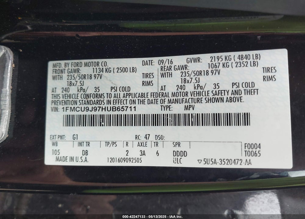 2017 FORD ESCAPE TITANIUM VIN: 1FMCU9J97HUB65711