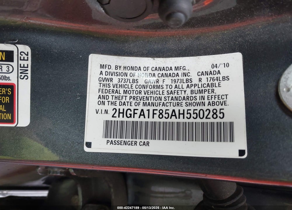 2010 HONDA CIVIC VIN: 2HGFA1F85AH550285