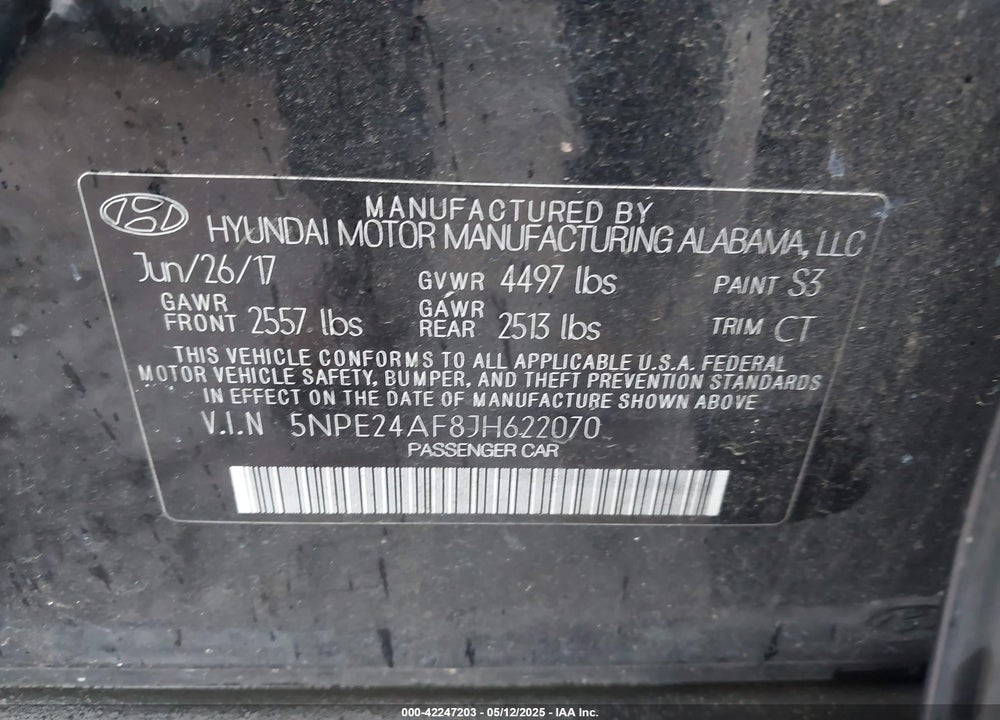 2018 HYUNDAI SONATA VIN: 5NPE24AF8JH622070
